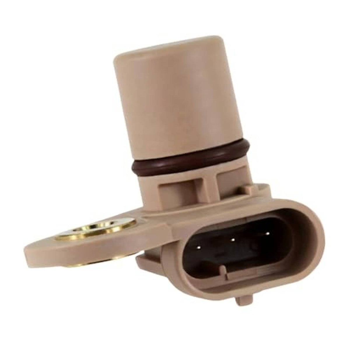 Camshaft position sensor with beige housing and round black plug opening