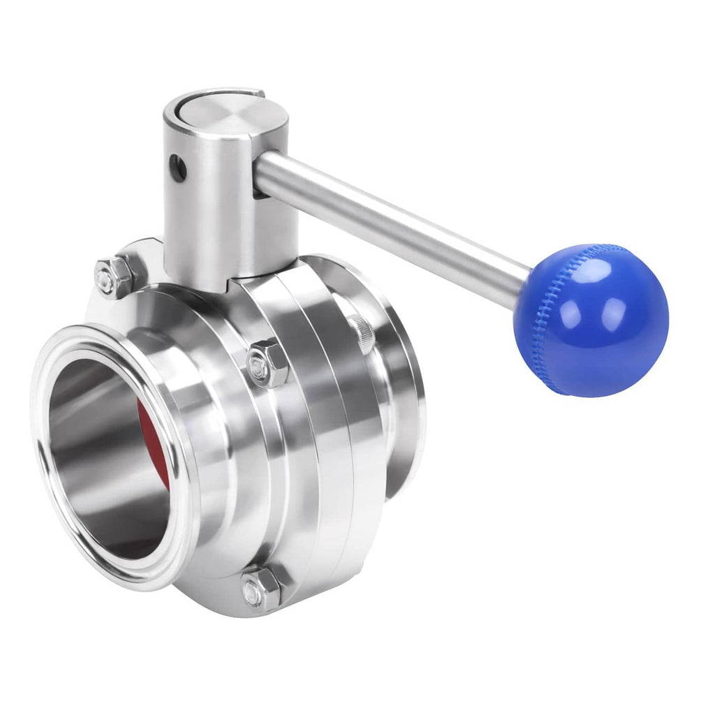 Stainless steel tri-clamp butterfly valve with blue pull handle on tube OD fitting