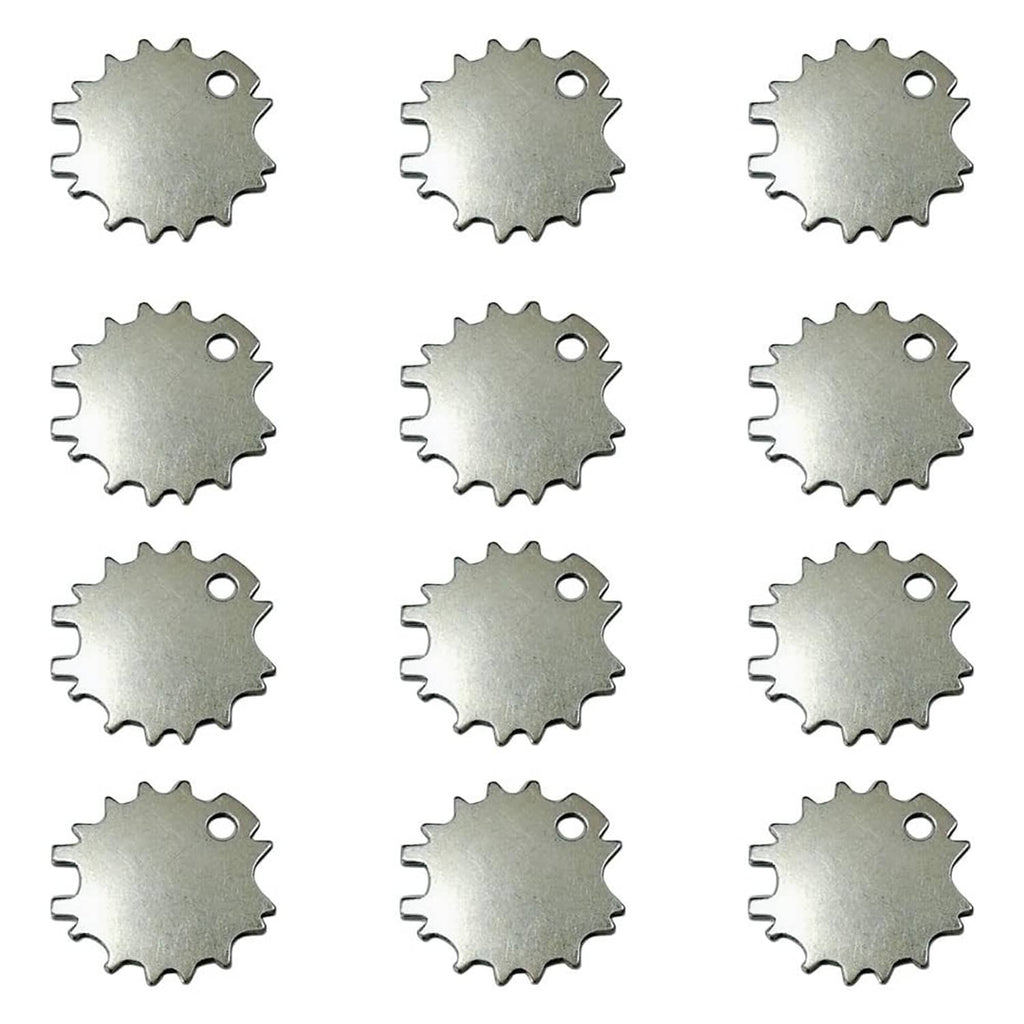 Set of silver tone metal tension adjuster keys, round serrated discs with center holes