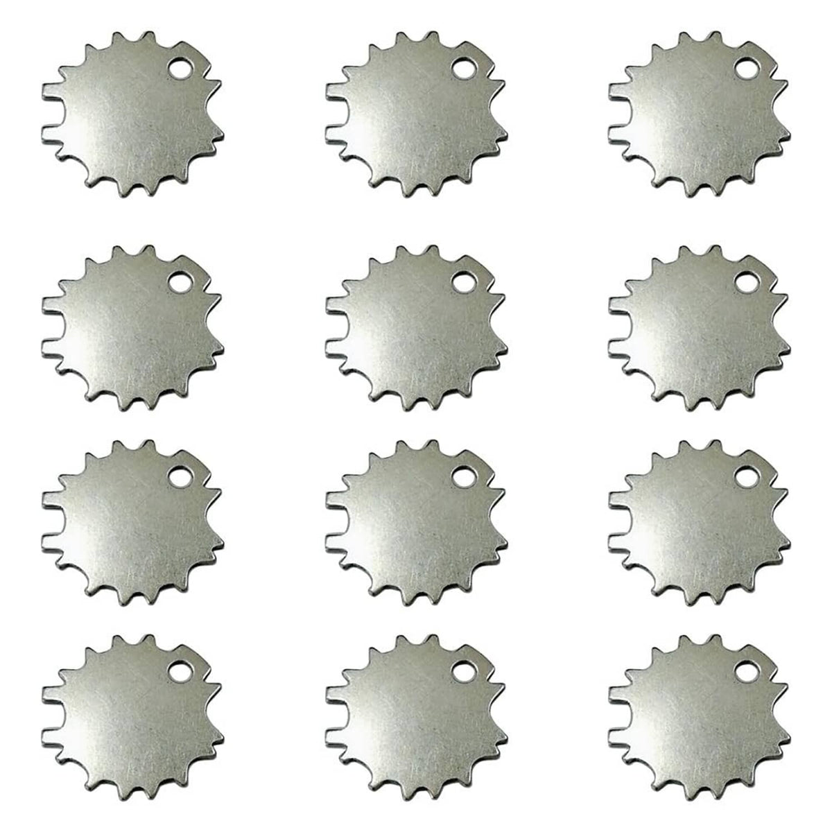 Set of silver tone metal tension adjuster keys, round serrated discs with center holes