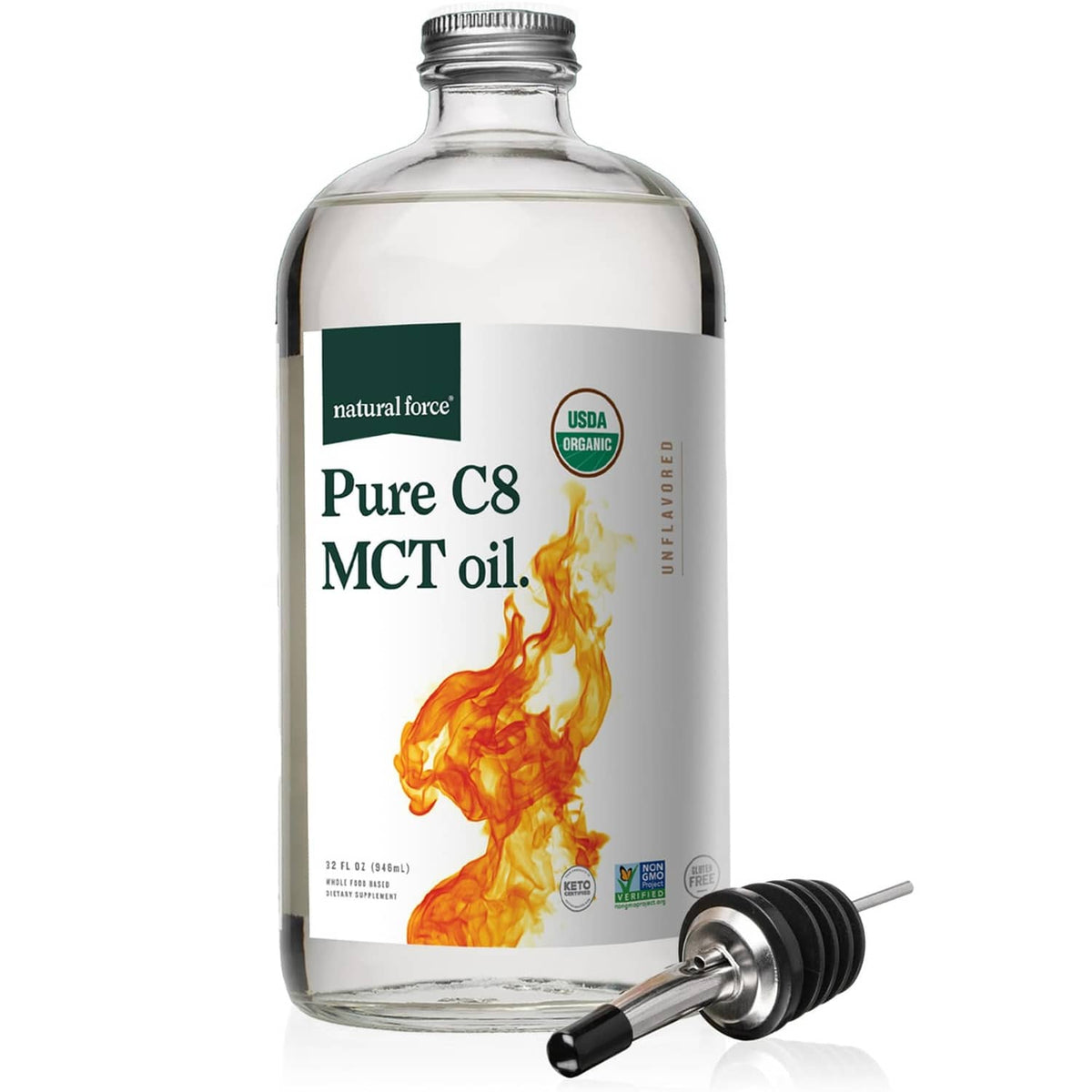 Glass bottle of Pure C8 MCT oil with silver screw cap and flame-style label graphic