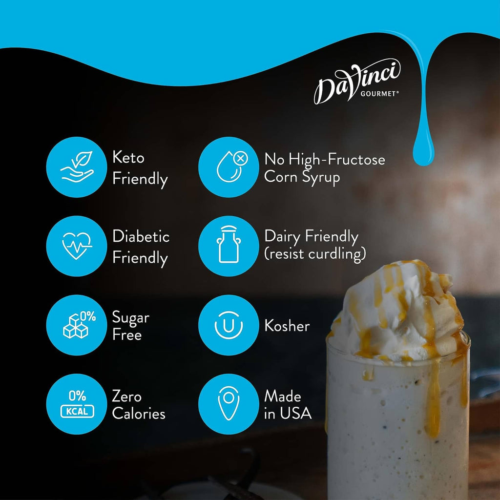 DaVinci Gourmet sugar-free syrups feature icons card with iced drink cup