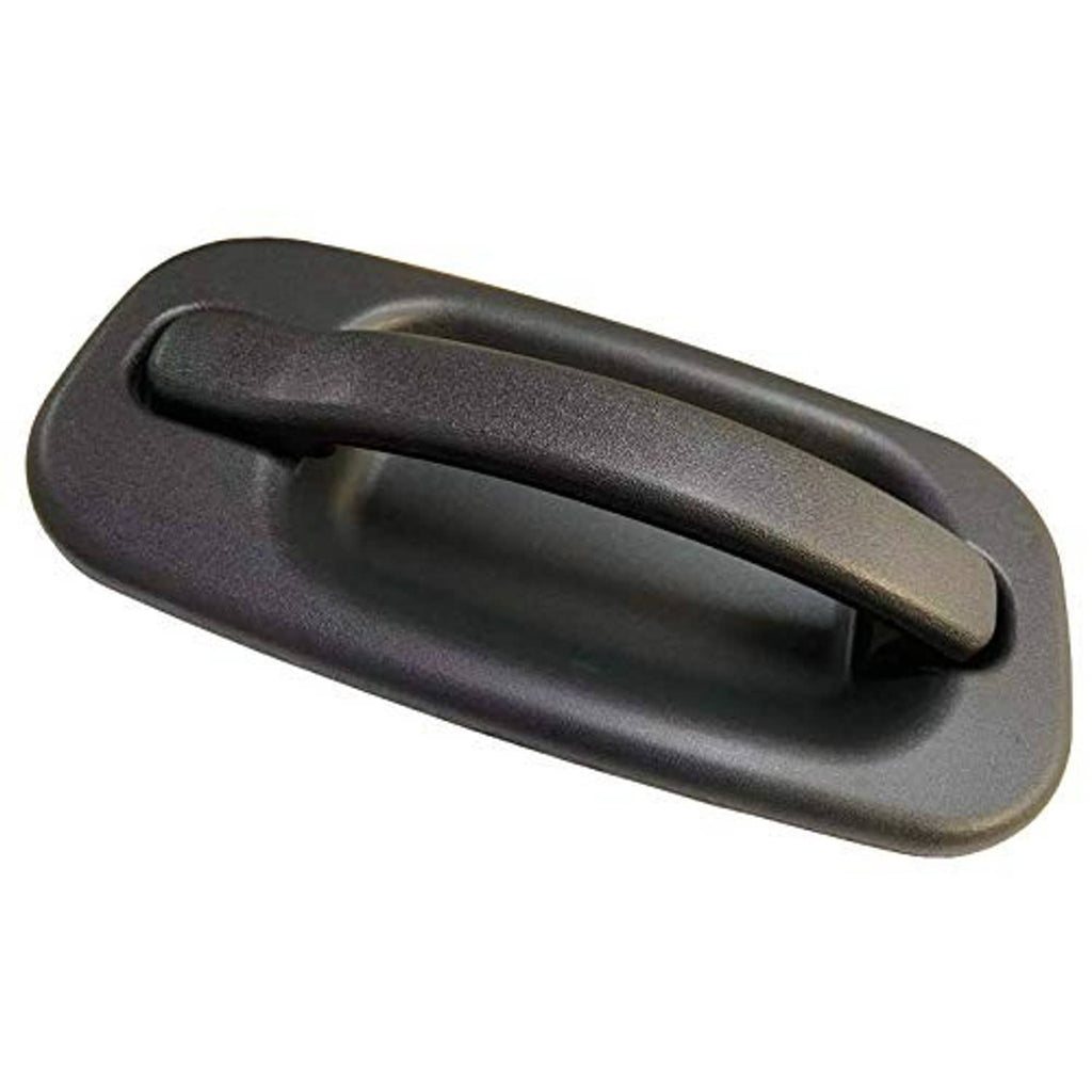 Exterior door handle, black textured lever in oval bezel with side red pin