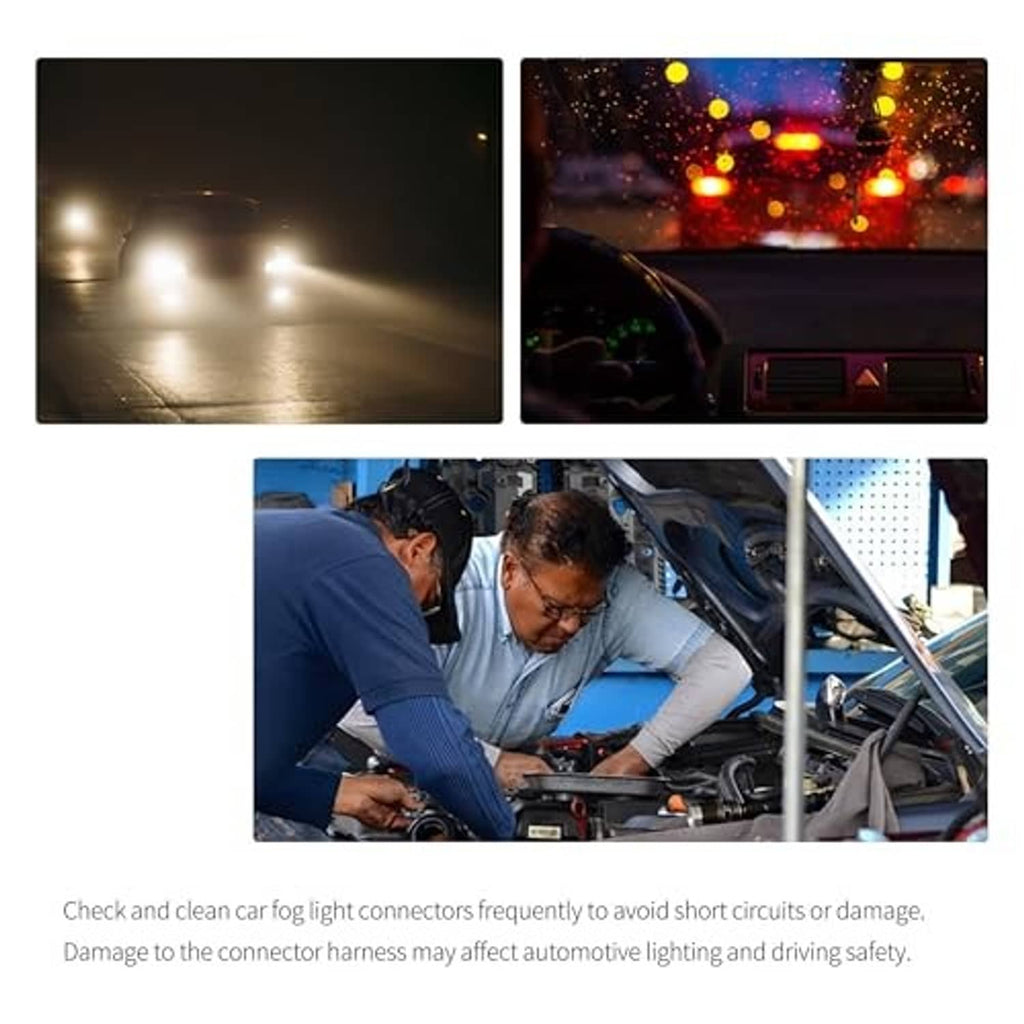 Mechanics inspecting car lighting wiring and connectors in a repair shop scene