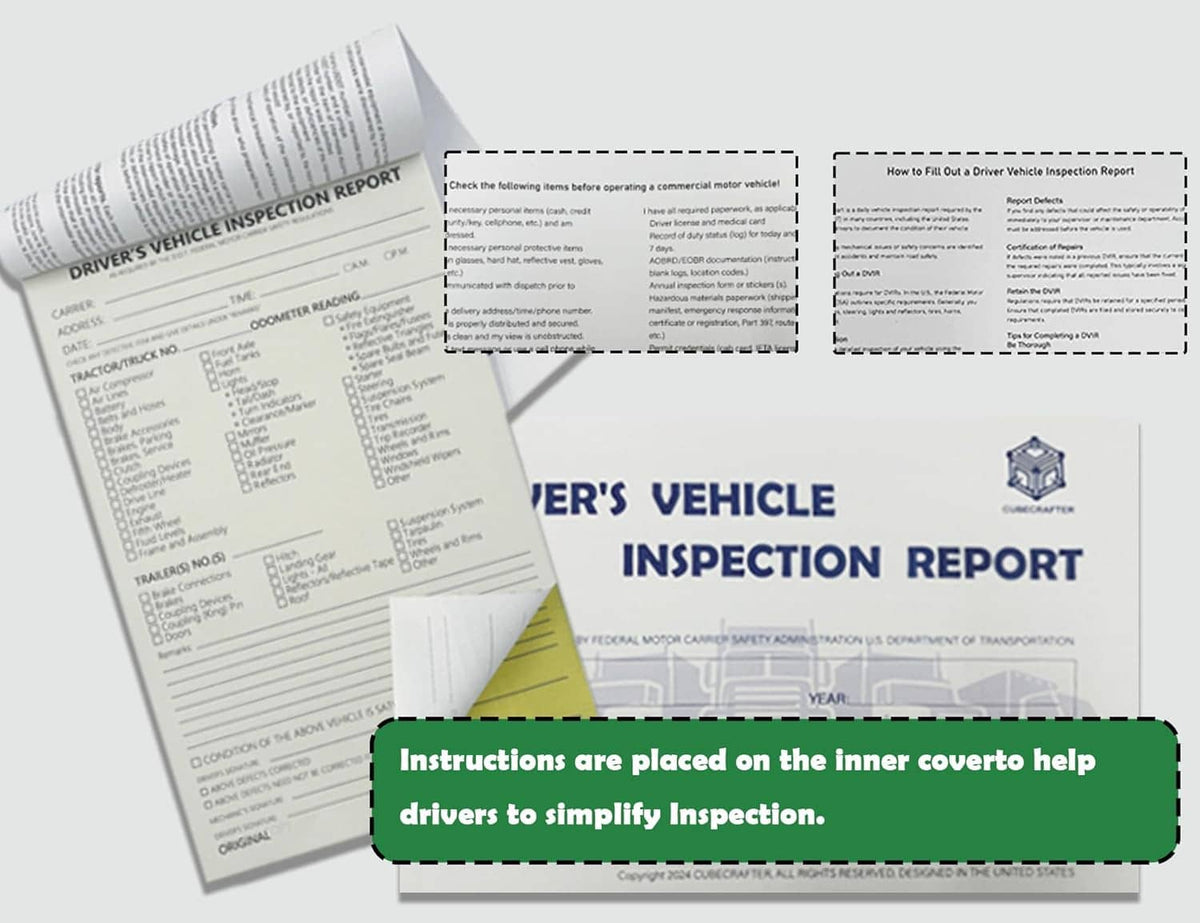 Driver’s vehicle inspection report sheets with top page fold and instruction panel
