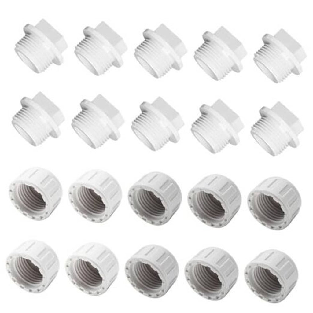 Set of 20 white PVC pipe end caps with male and female threaded openings