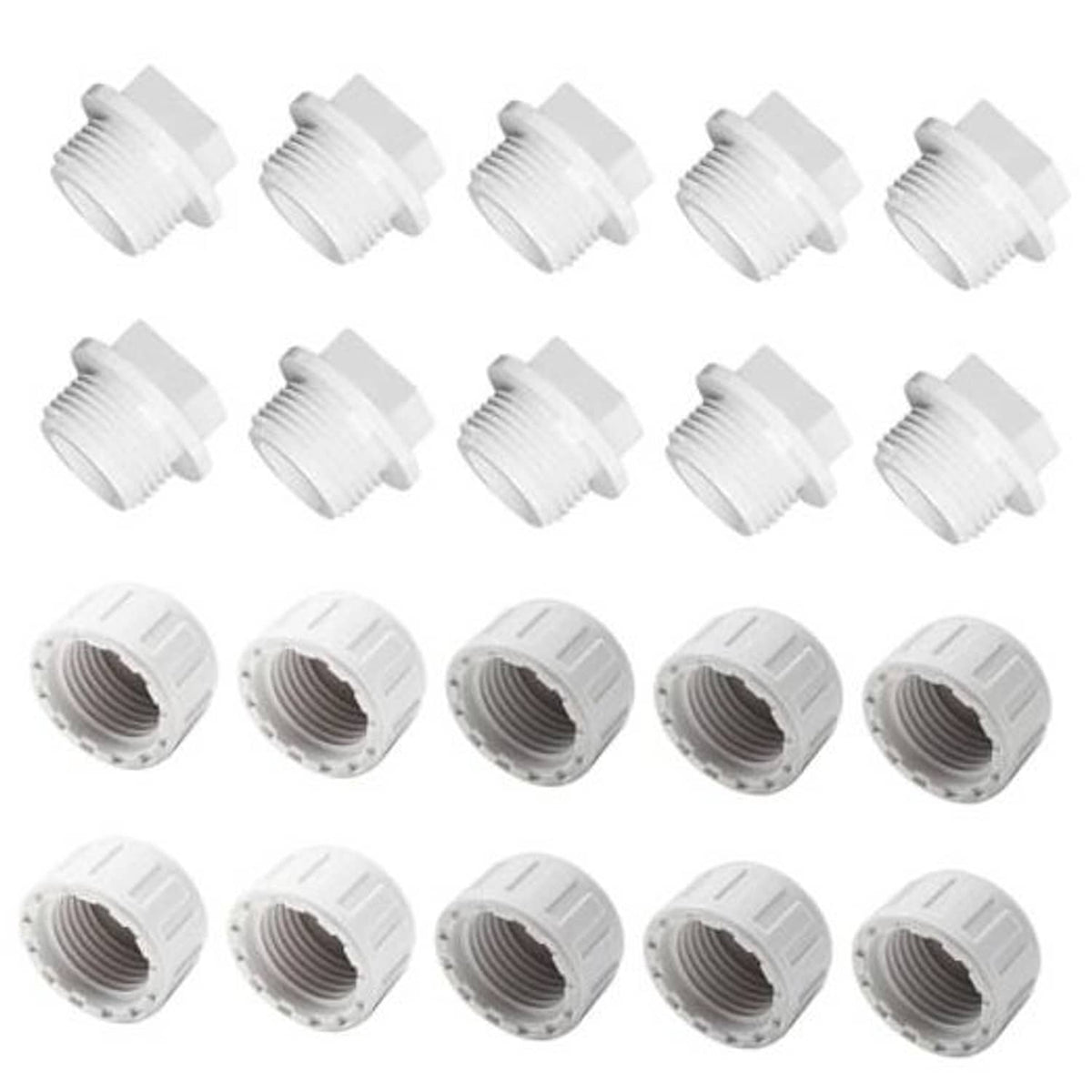 Set of 20 white PVC pipe end caps with male and female threaded openings