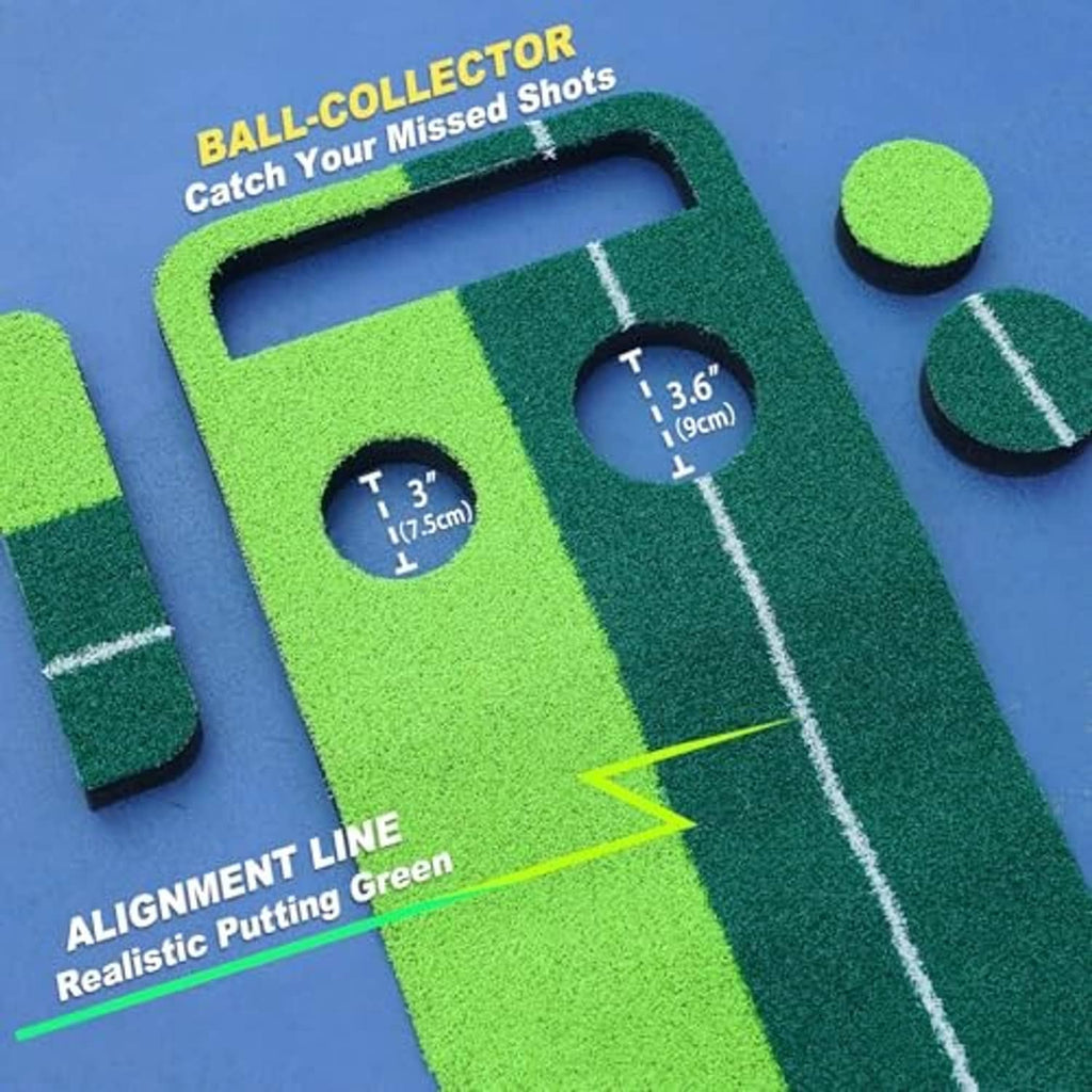 Putting green mat close-up with alignment line, ball-collect tracks, and two holes