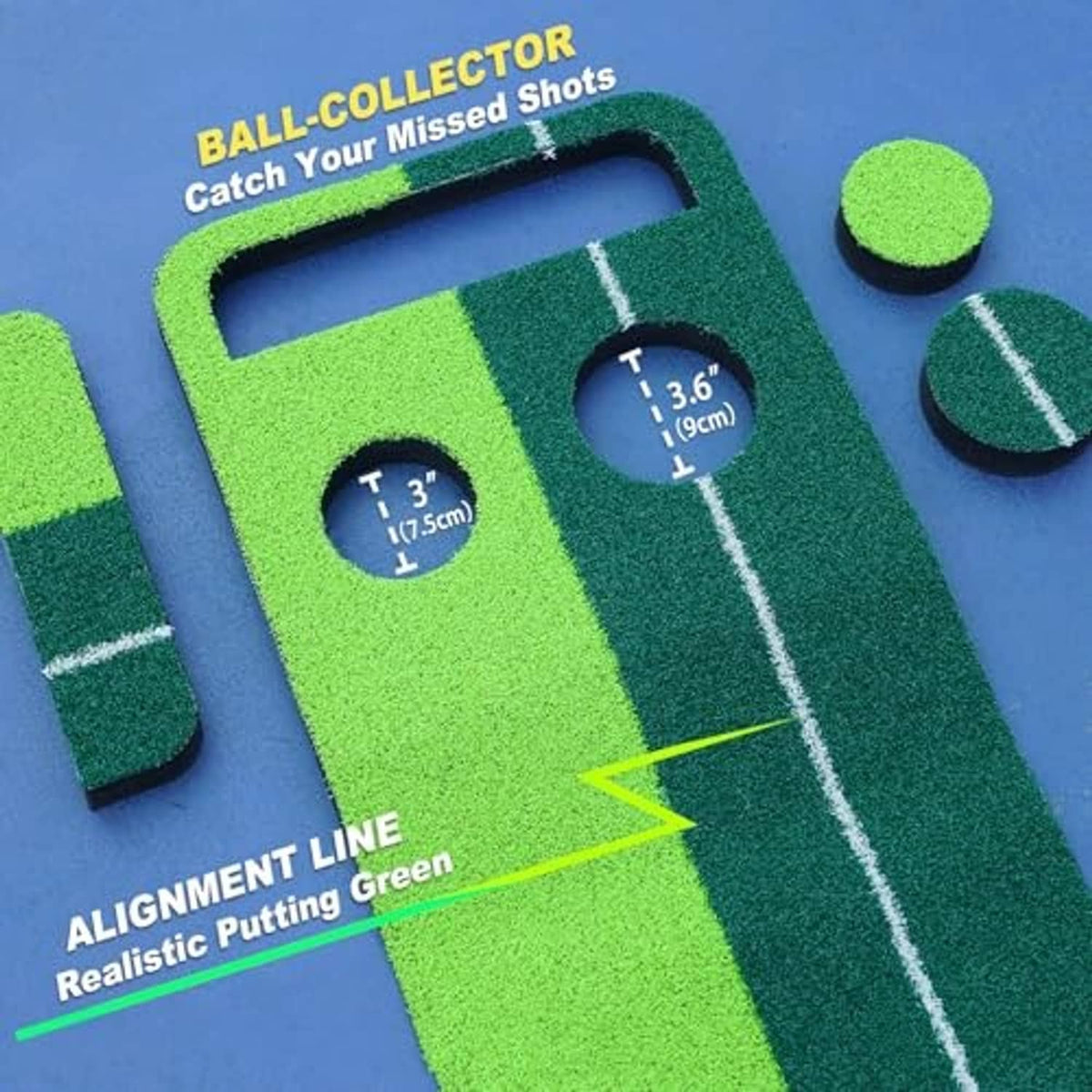 Putting green mat close-up with alignment line, ball-collect tracks, and two holes