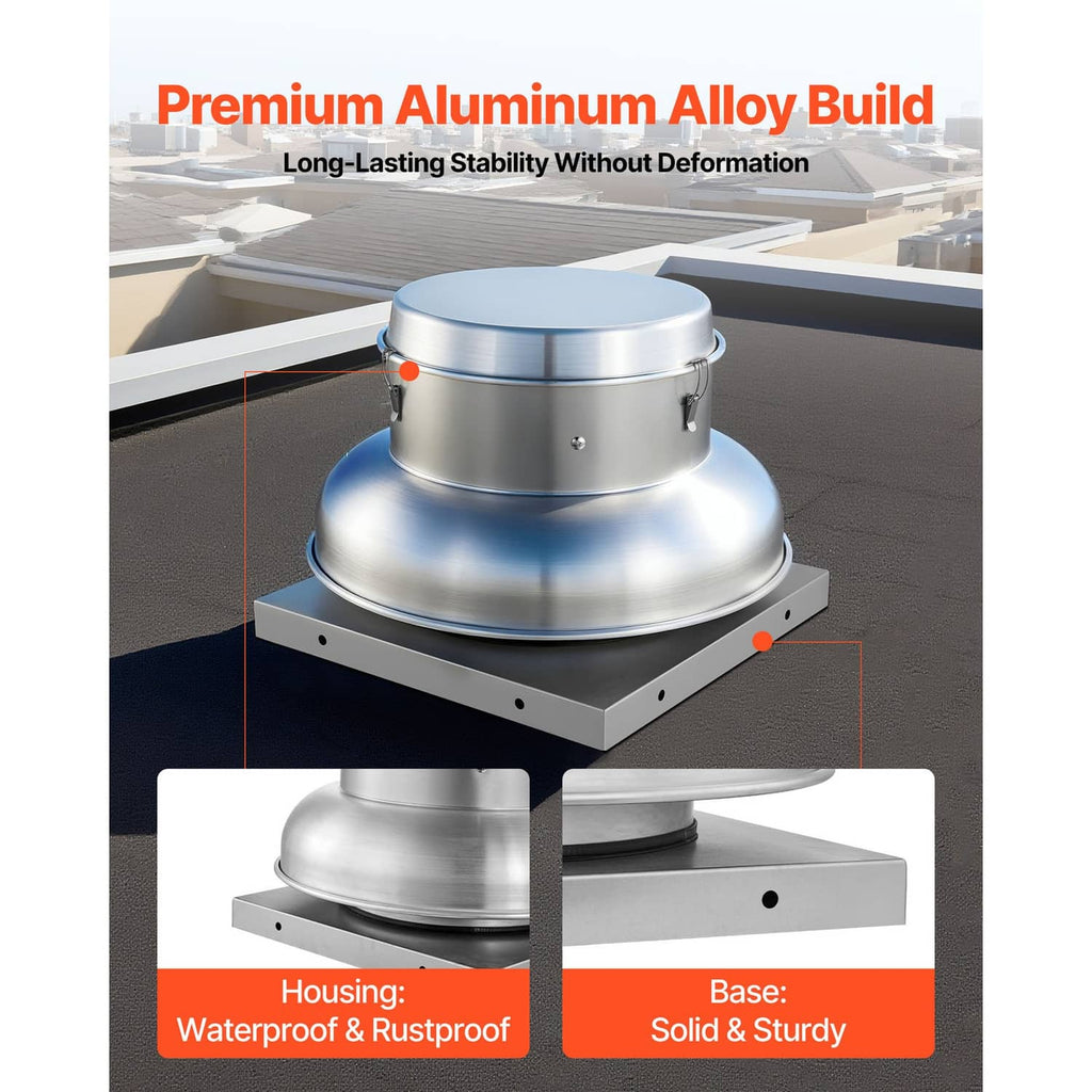 Roof ventilation fan with aluminum housing and sturdy rectangular mounting base