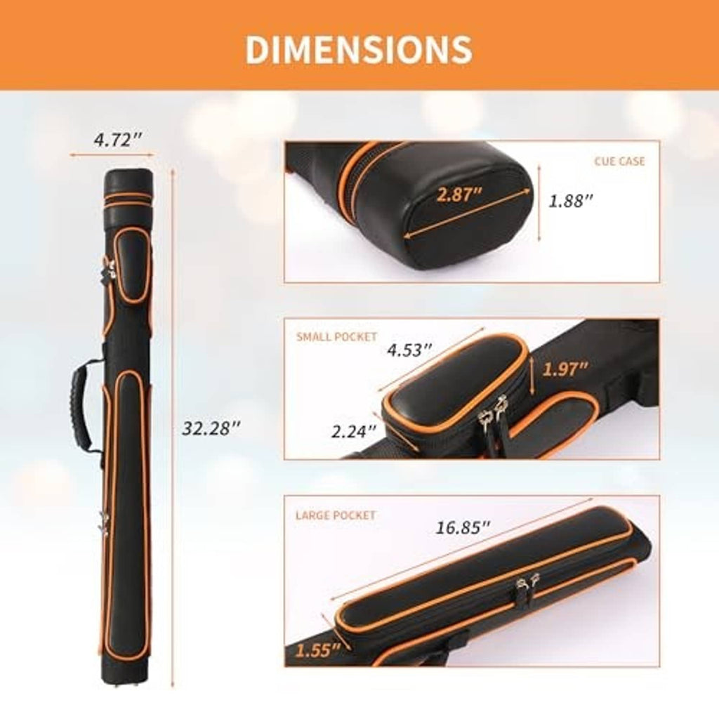 Hard pool cue case with protective shell and zip compartments, black with orange piping