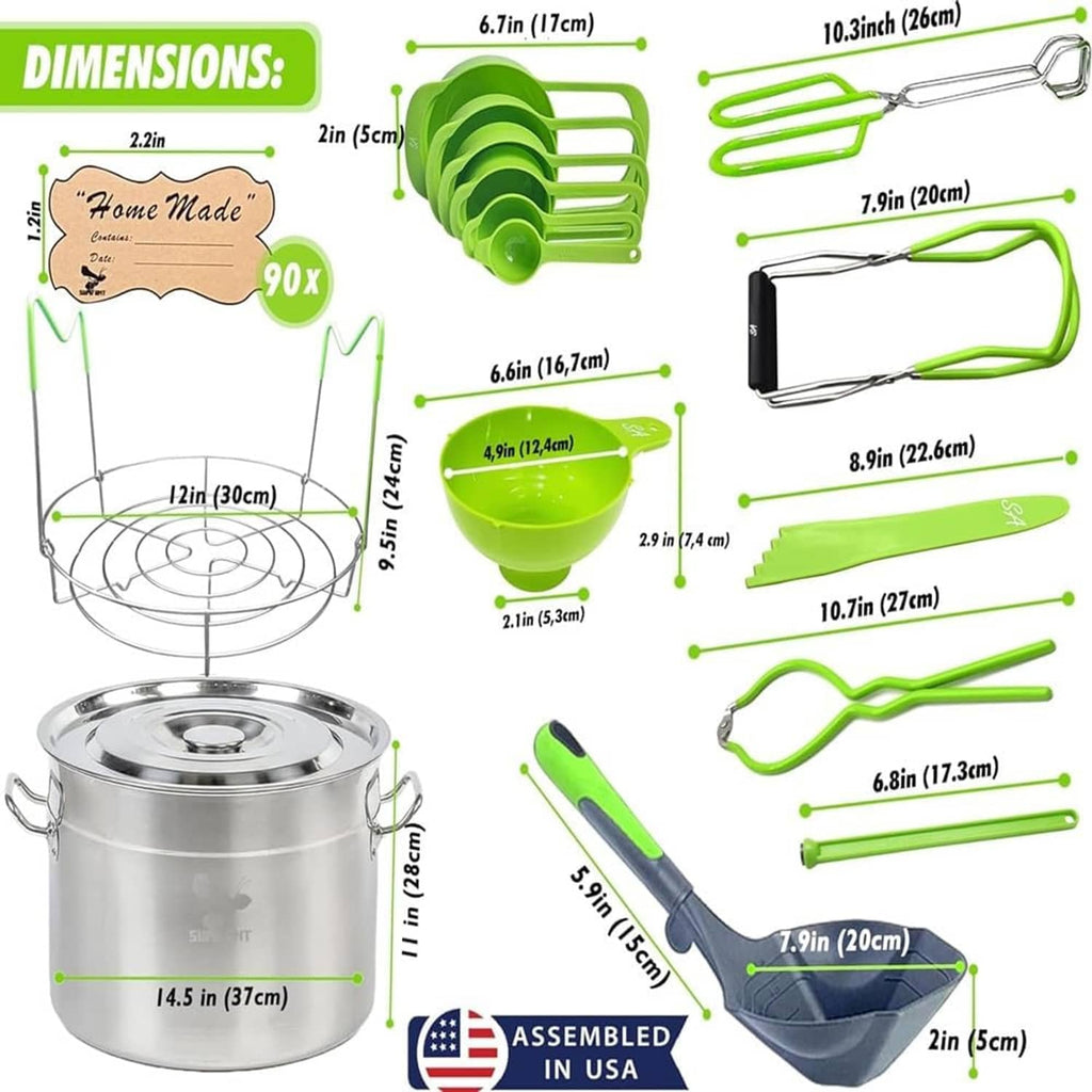 Canning kit parts and dimensions: stainless pot, rack, green funnel and scoops