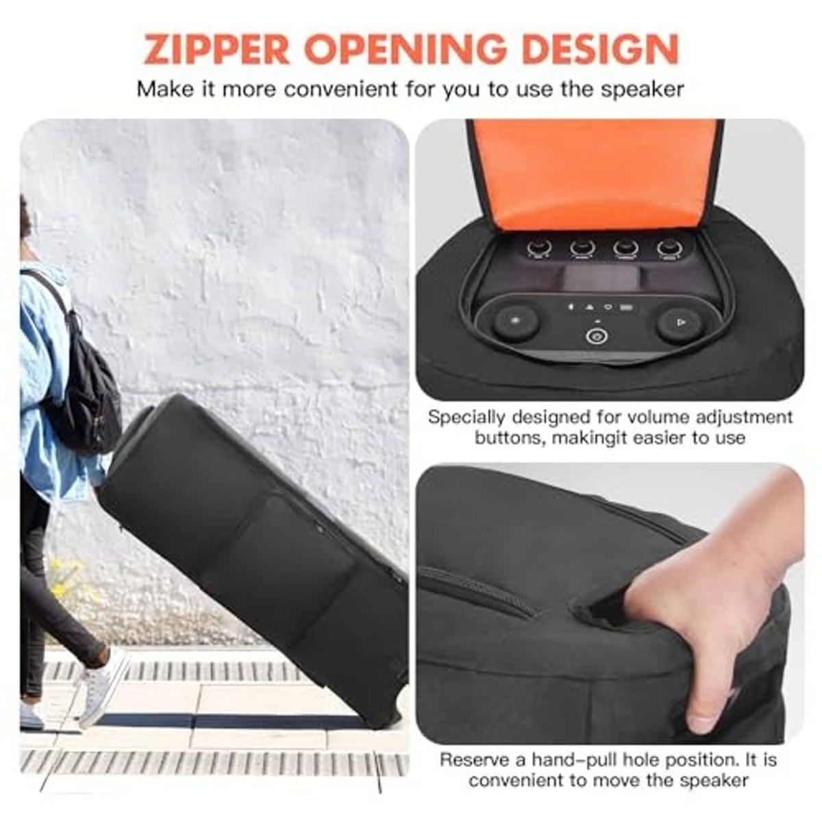 Black speaker case with front zipper opening and access panel for volume buttons