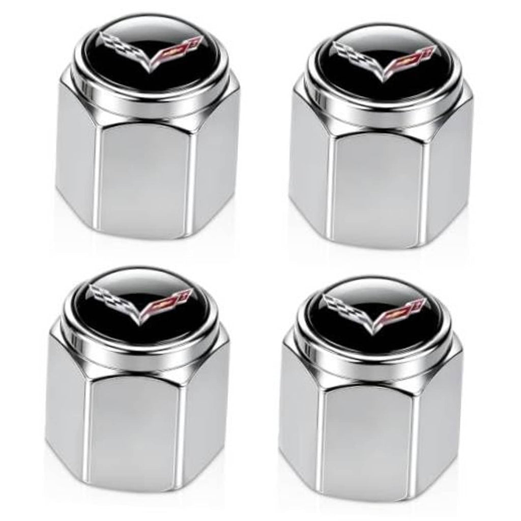 Silver metal tire valve stem cap with glossy black Corvette-style logo top