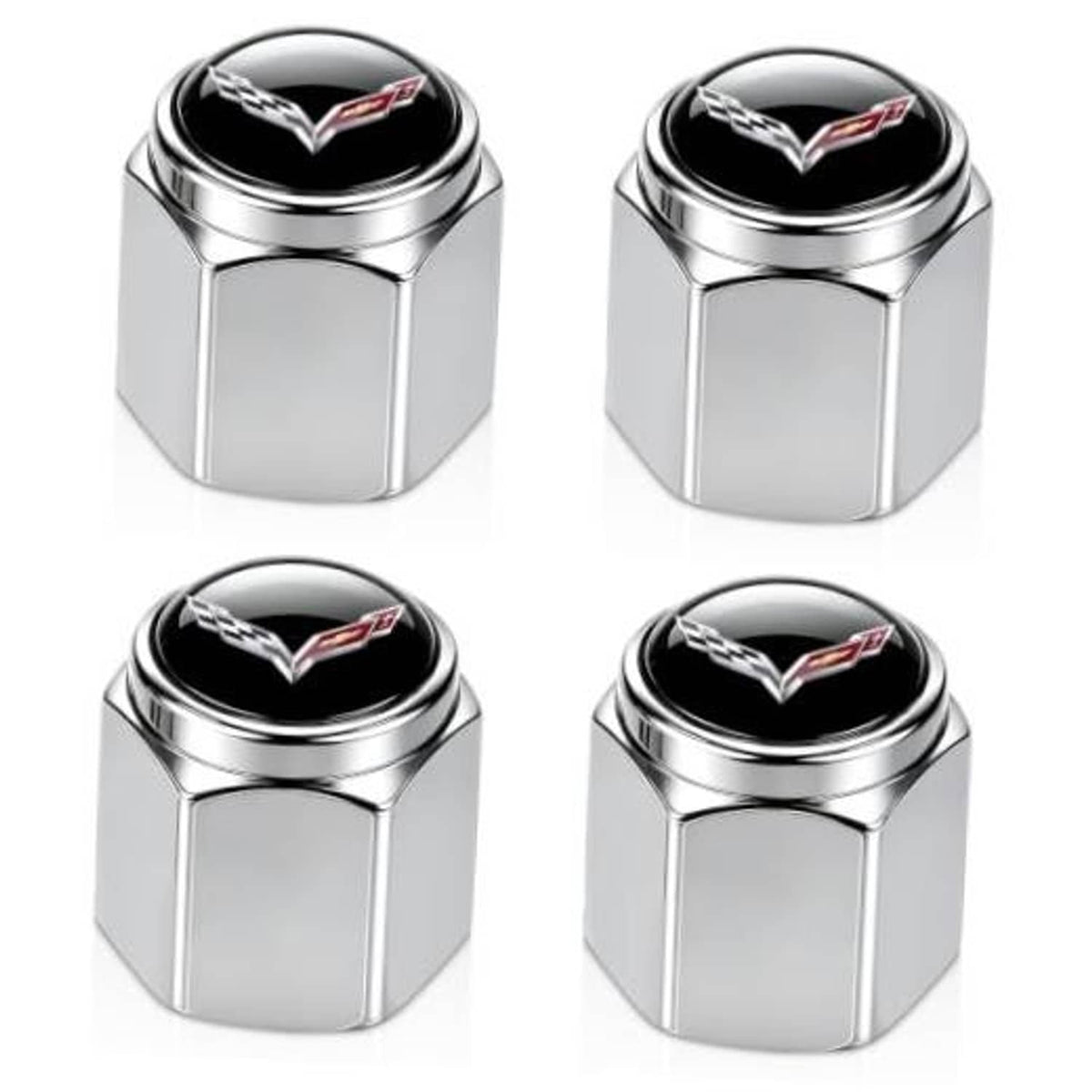 Silver metal tire valve stem cap with glossy black Corvette-style logo top