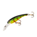 Green and red perch fishing crankbait with two treble hooks and clear diving bill