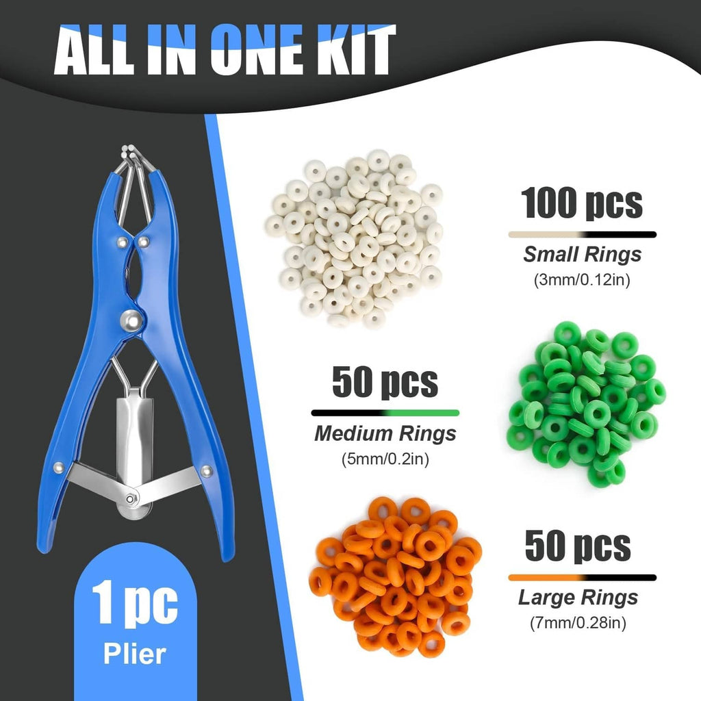 Elastrator pliers kit with white, green, and orange rubber rings in three sizes