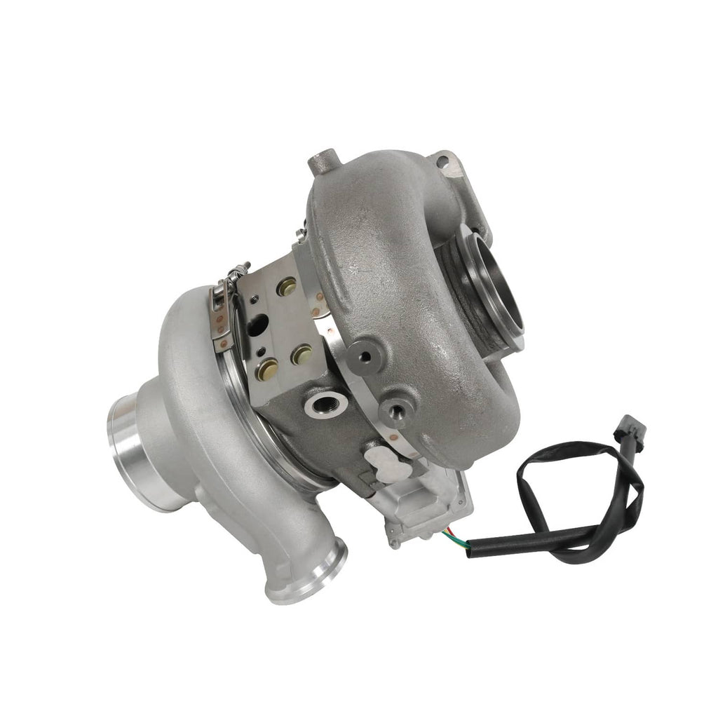 Turbocharger with exhaust inlet opening and attached valve housing, angled side view