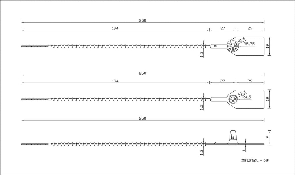 Technical diagram of plastic tamper seal zip ties with size measurements and tag detail.