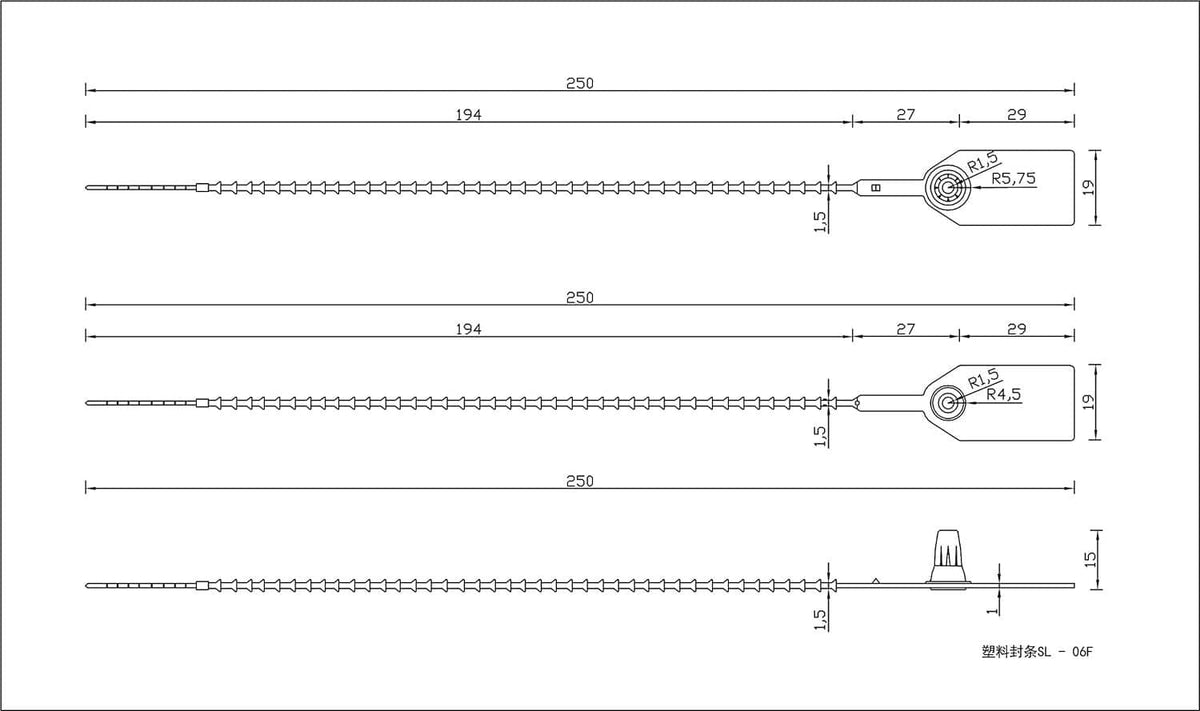 Technical diagram of plastic tamper seal zip ties with size measurements and tag detail.