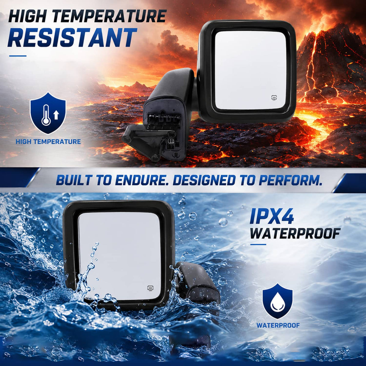 Black power heated side mirror shown with water splash and heat-resistant design