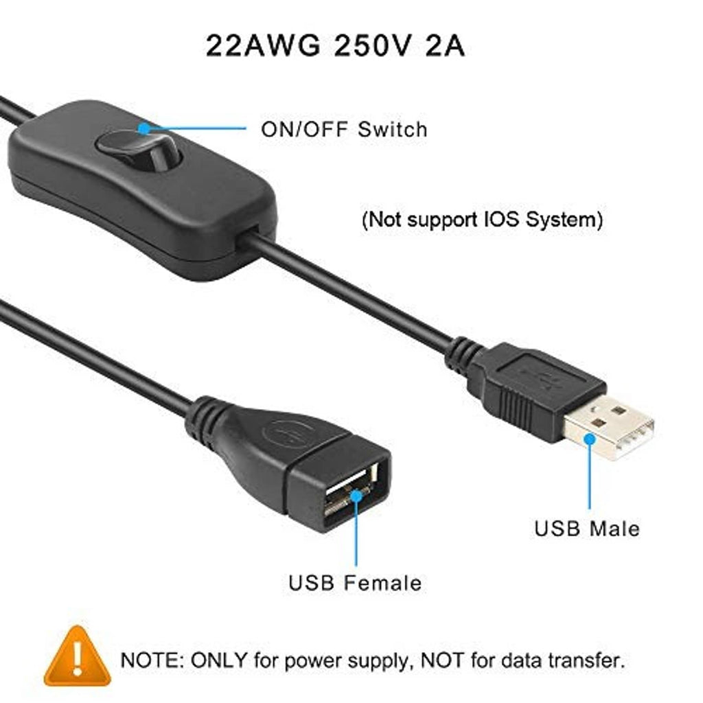 USB male-to-female power cable with inline on/off switch and USB connectors