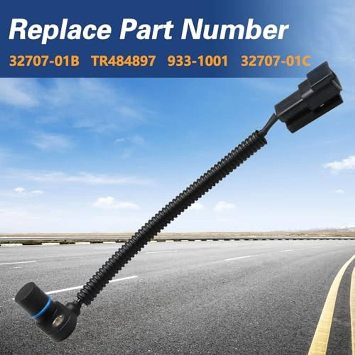Crankshaft position sensor with black corrugated cable and plug housing