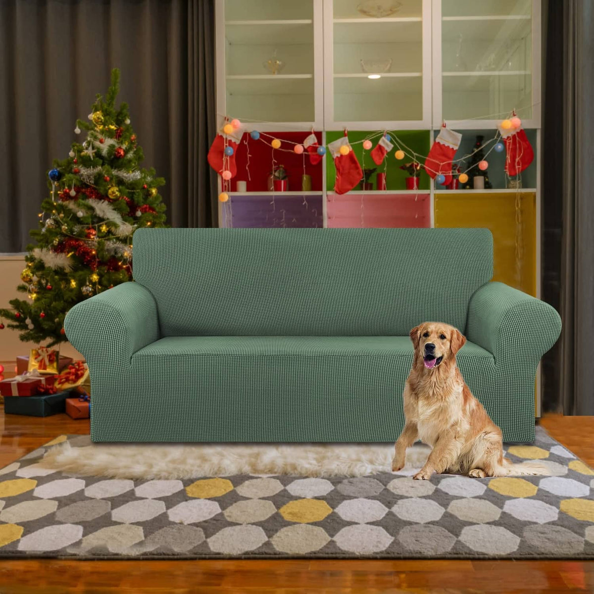Greyish green loveseat sofa slipcover fitted over the couch seat and arms
