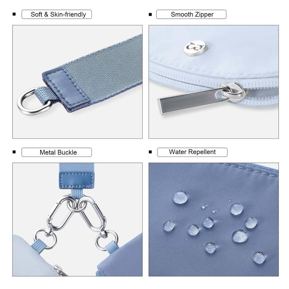 Blue dual pouch wristlet close-up with smooth zipper, metal buckle, and textured fabric