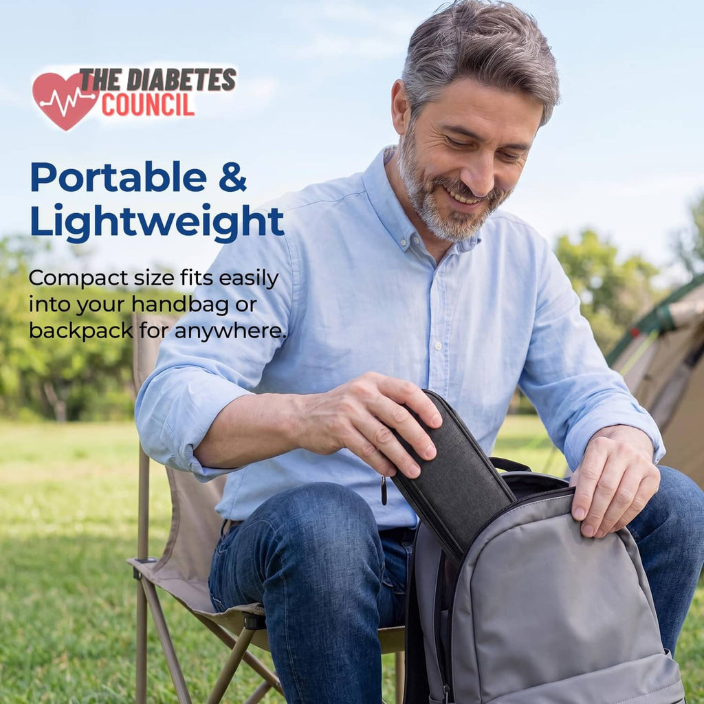 Insulin cooler travel case carried in hand, compact black zip pouch