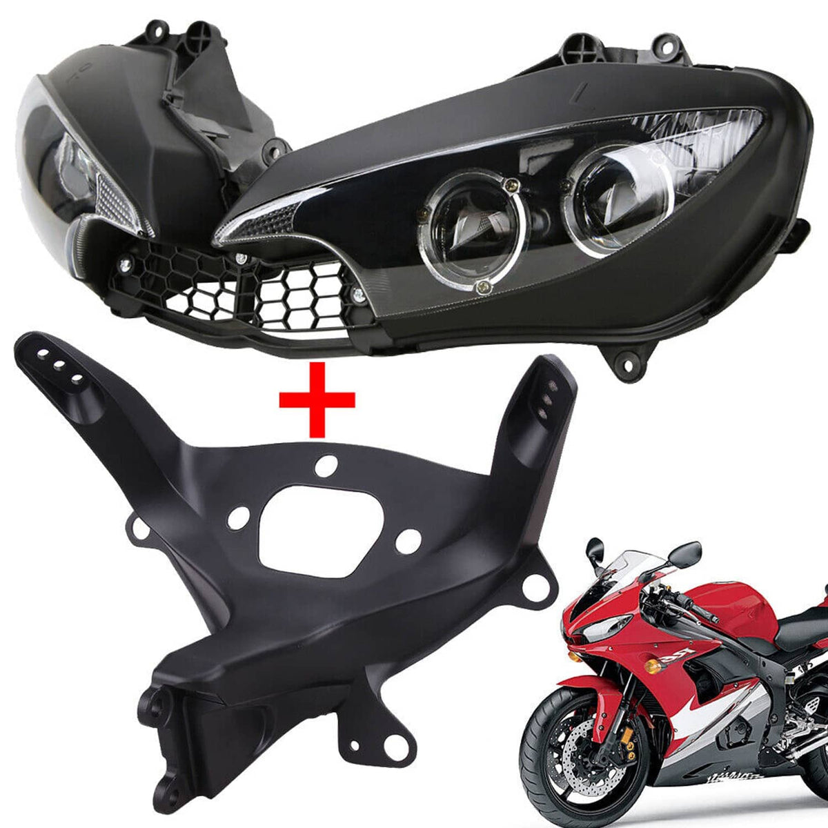 Black right-side motorcycle headlight assembly with honeycomb grille and fairing stay bracket