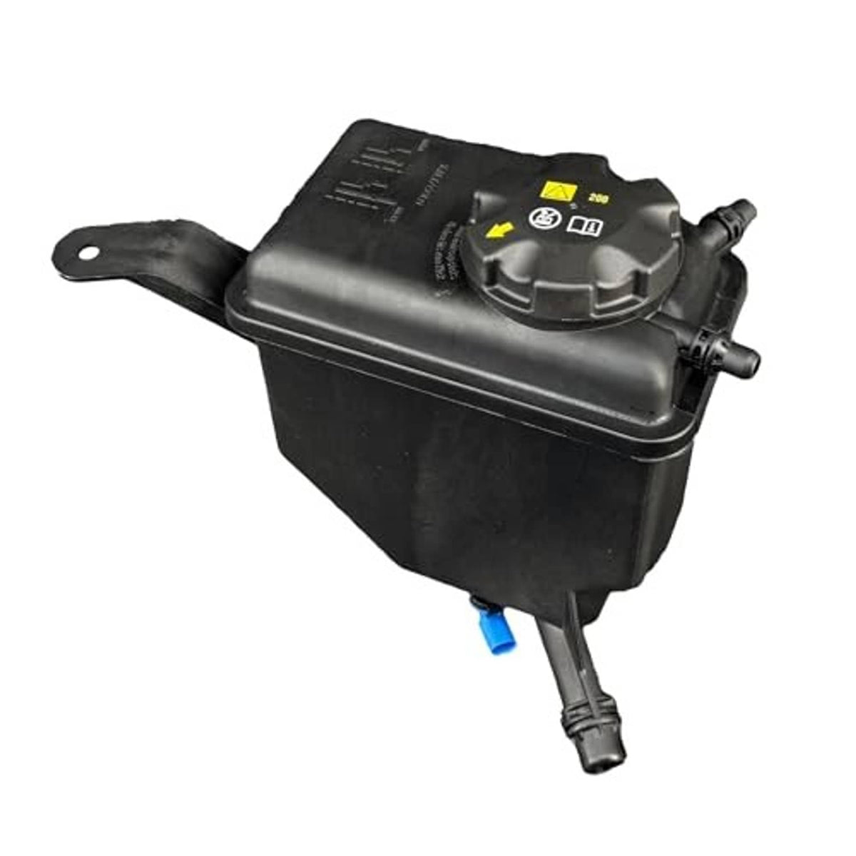 Black coolant reservoir tank with cap, mounting bracket, and blue hose connector