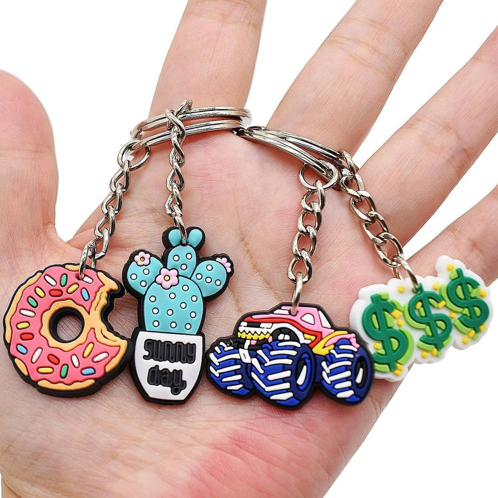 Handheld set of colorful food and character charm keychains with silver key rings