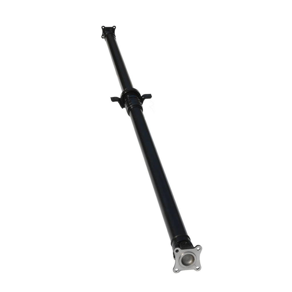 Rear driveshaft prop shaft with black shaft, center joint, and metal mounting flange.