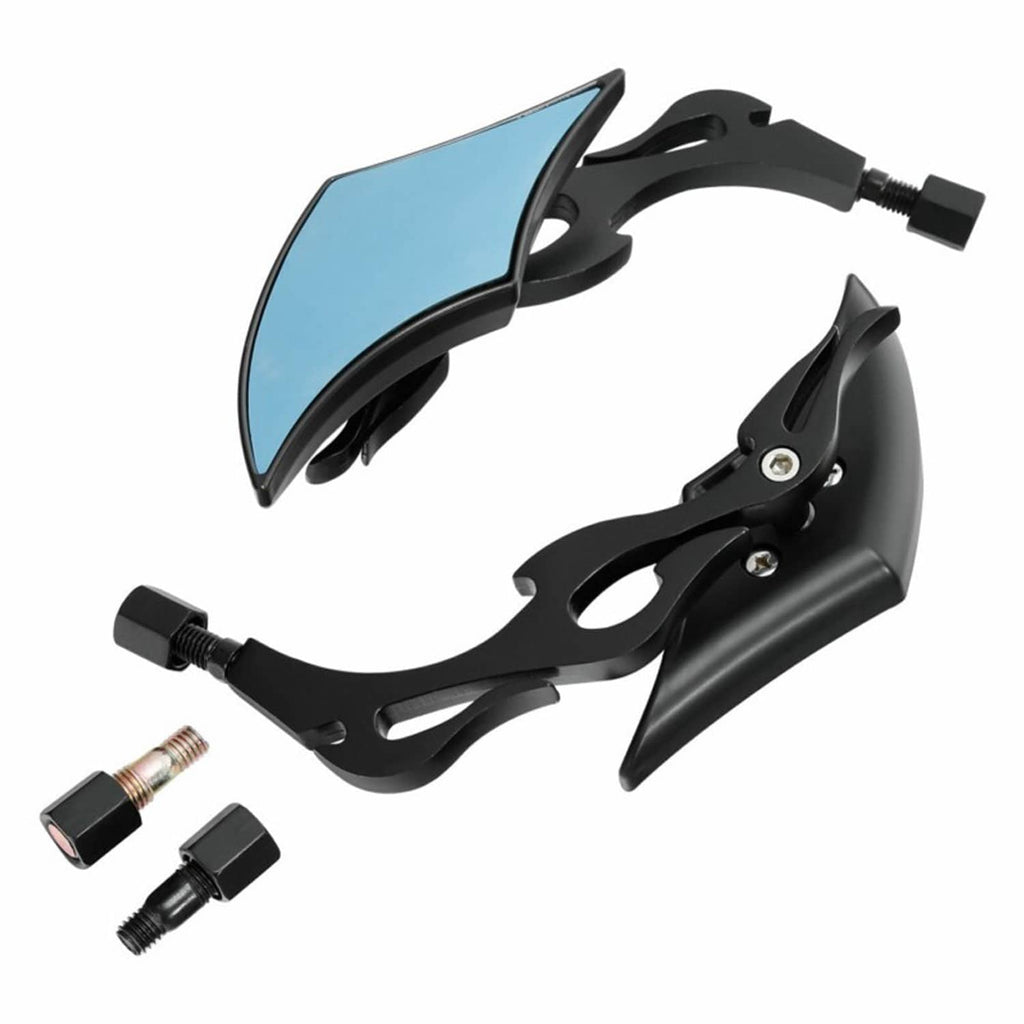 Motorcycle rearview side mirror pair with blue-tinted lenses and black adjustable arms