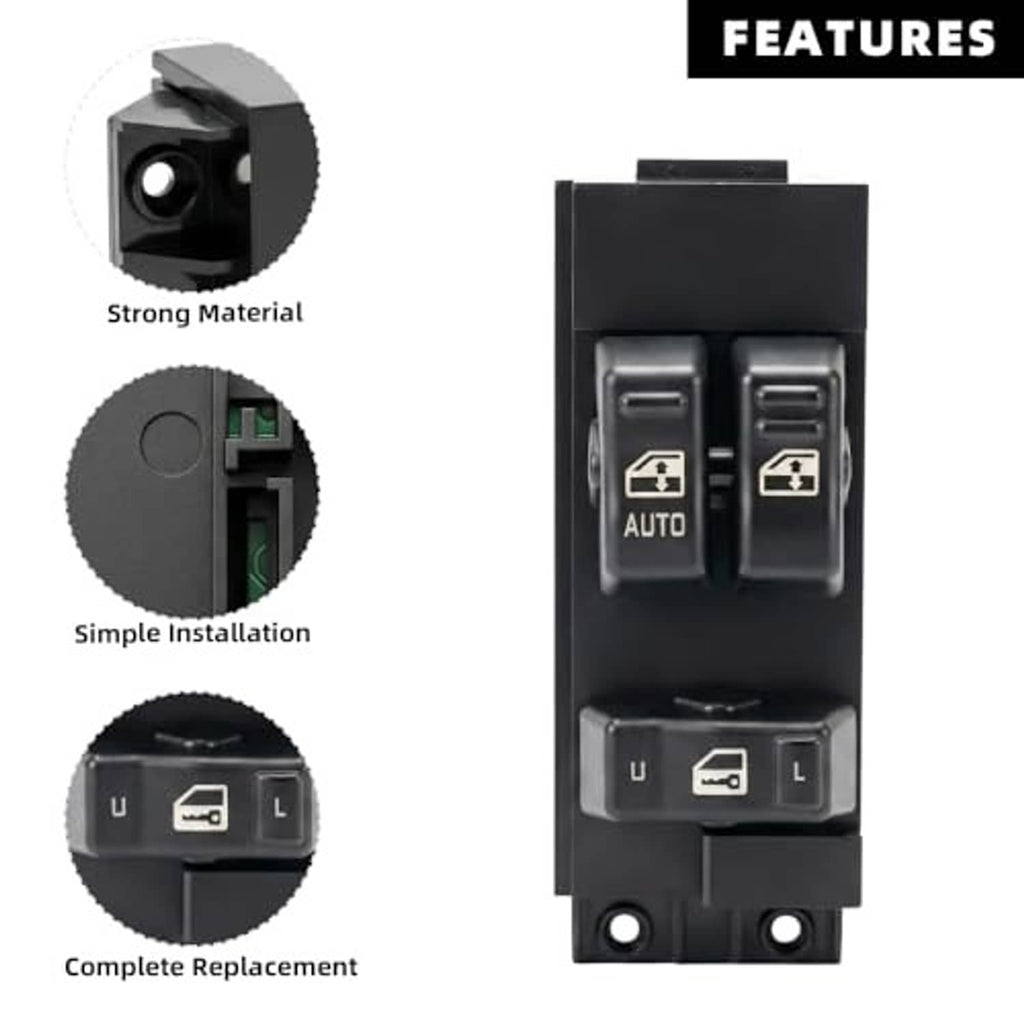 Black power window switch with auto and lock/mirror button layout, front view