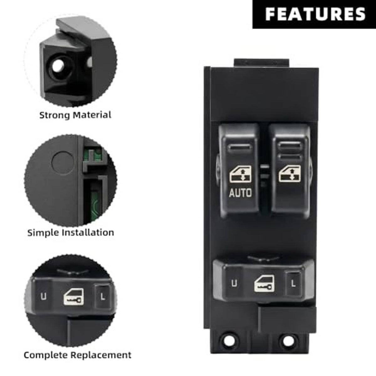 Black power window switch with auto and lock/mirror button layout, front view