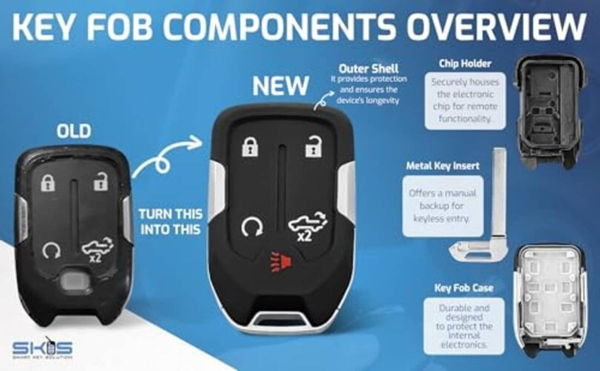 Black key fob case kit showing outer shell, chip holder, and metal key insert