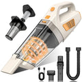 Beige cordless handheld vacuum with orange accents, clear dust bin, and tool attachments