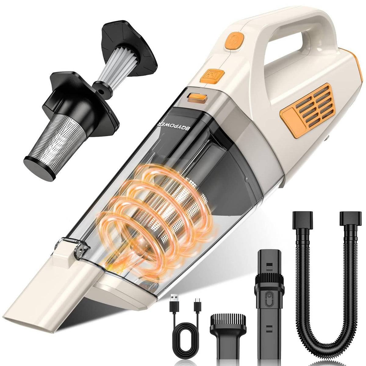 Beige cordless handheld vacuum with orange accents, clear dust bin, and tool attachments