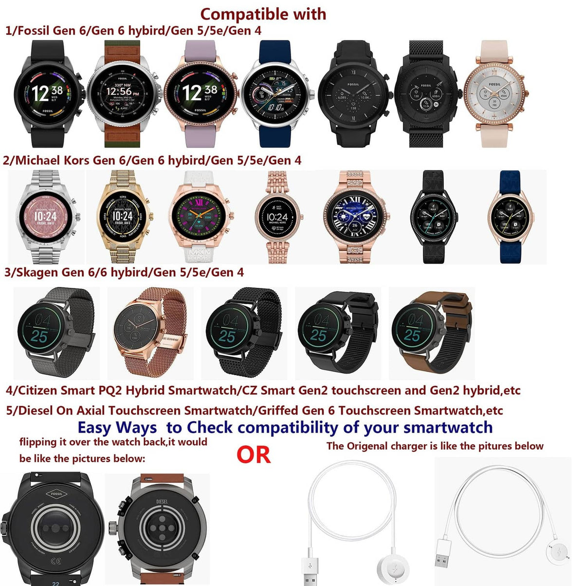 Compatibility graphic listing supported smartwatch models for the Powerhill 4-pin charger.