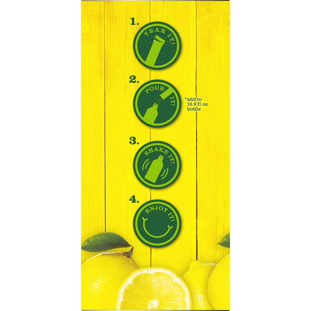 How-to icons panel on lemonade drink mix box: tear, pour, shake, enjoy