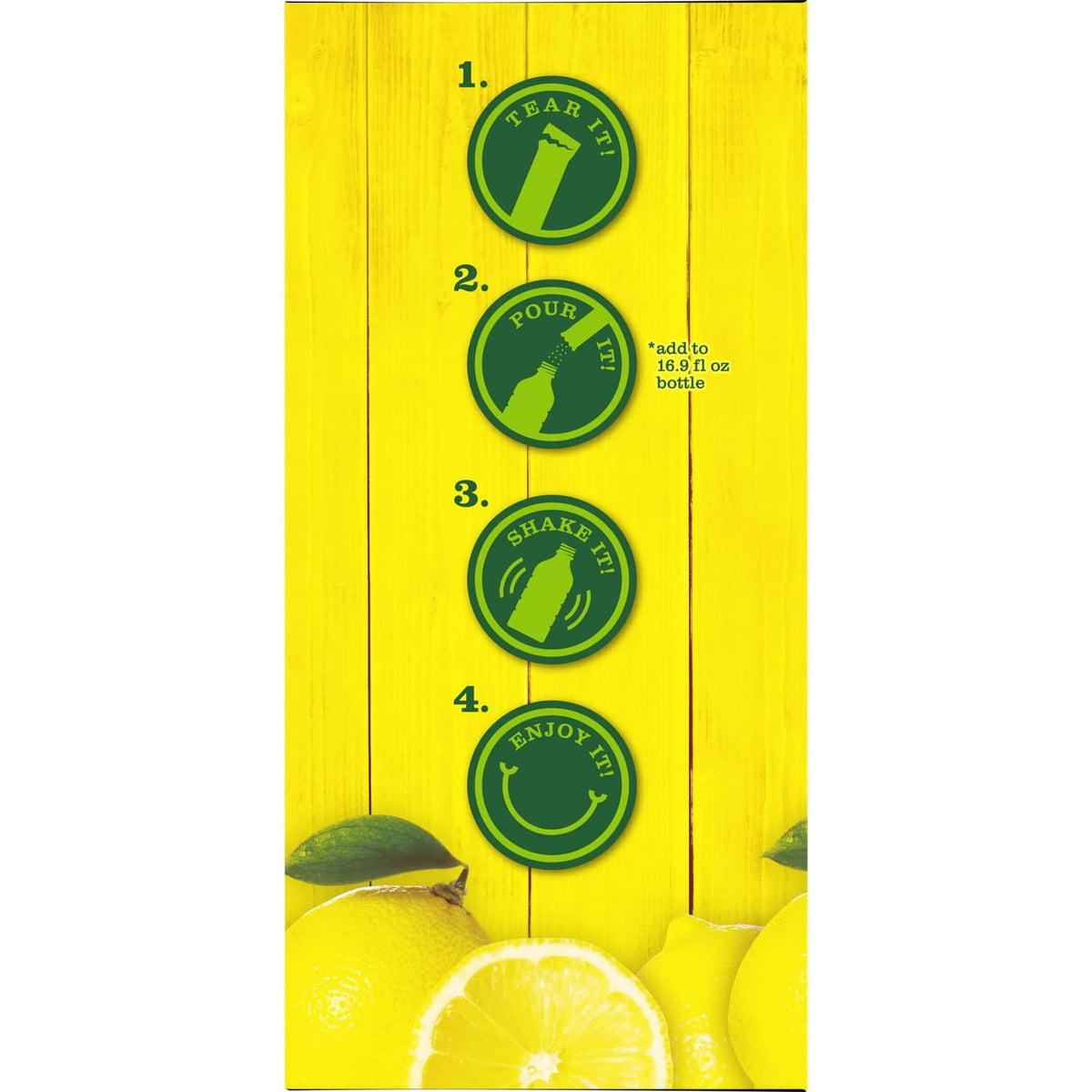 How-to icons panel on lemonade drink mix box: tear, pour, shake, enjoy