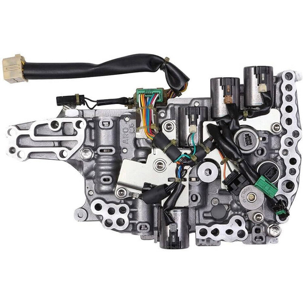 CVT transmission control valve body with solenoids, side view showing electrical harness plugs