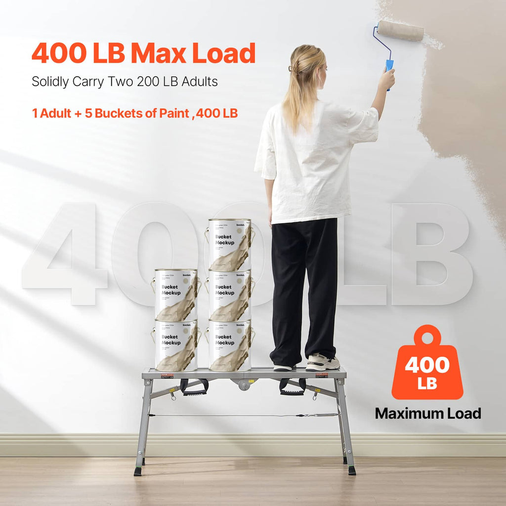 Portable scaffolding platform with person standing to paint a wall, four adjustable feet