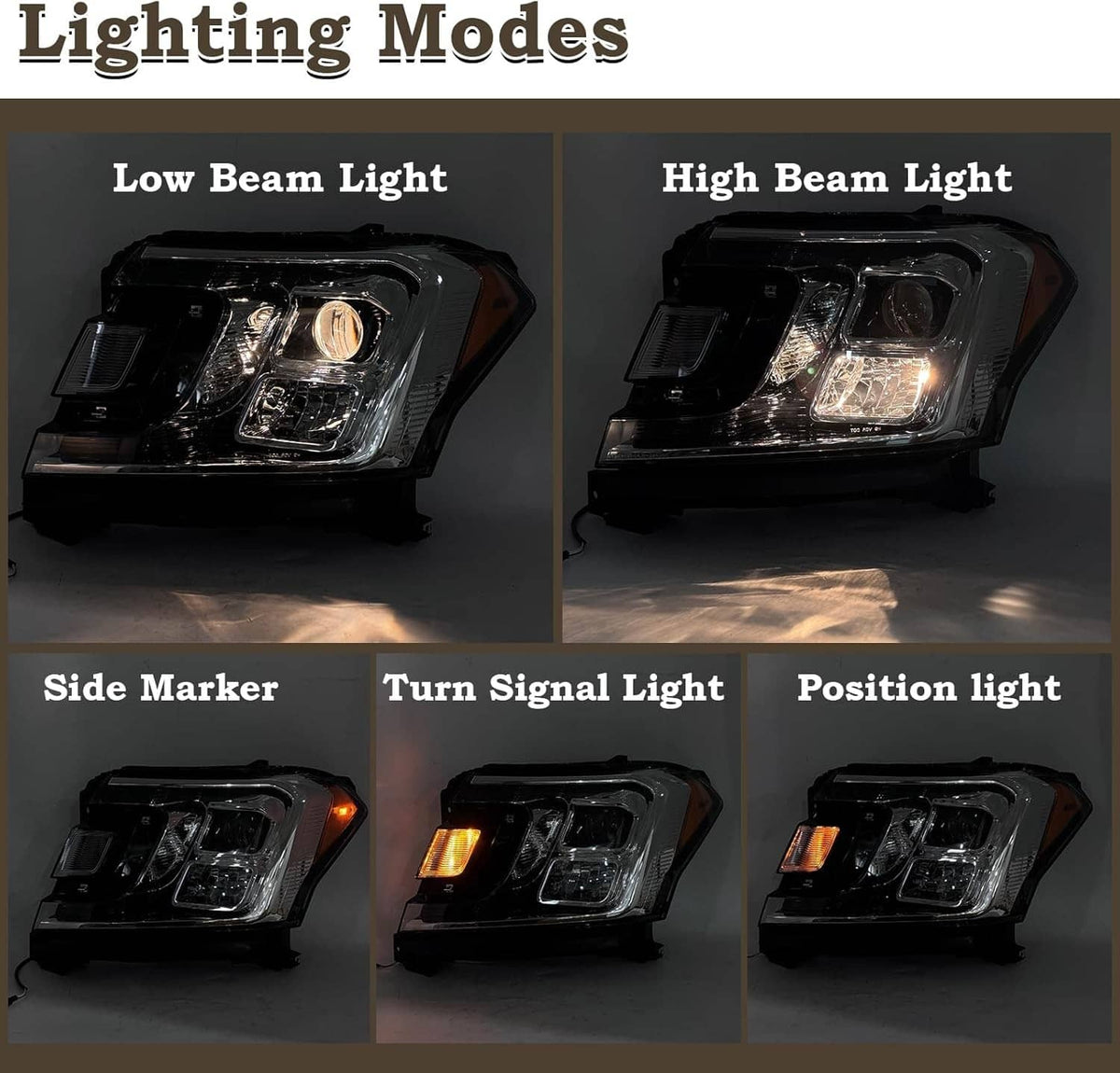 Headlight with low beam, high beam, side marker, turn signal, and position light