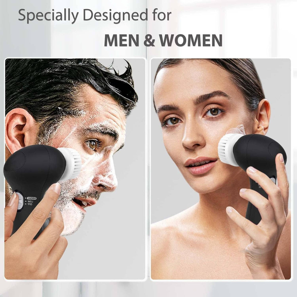 Electric facial cleansing brush with black handle and white rotating brush head