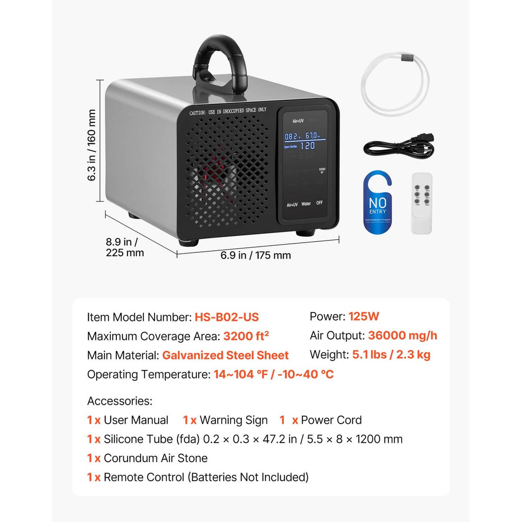 Ozone generator product dimensions view with display, handle, and included accessories