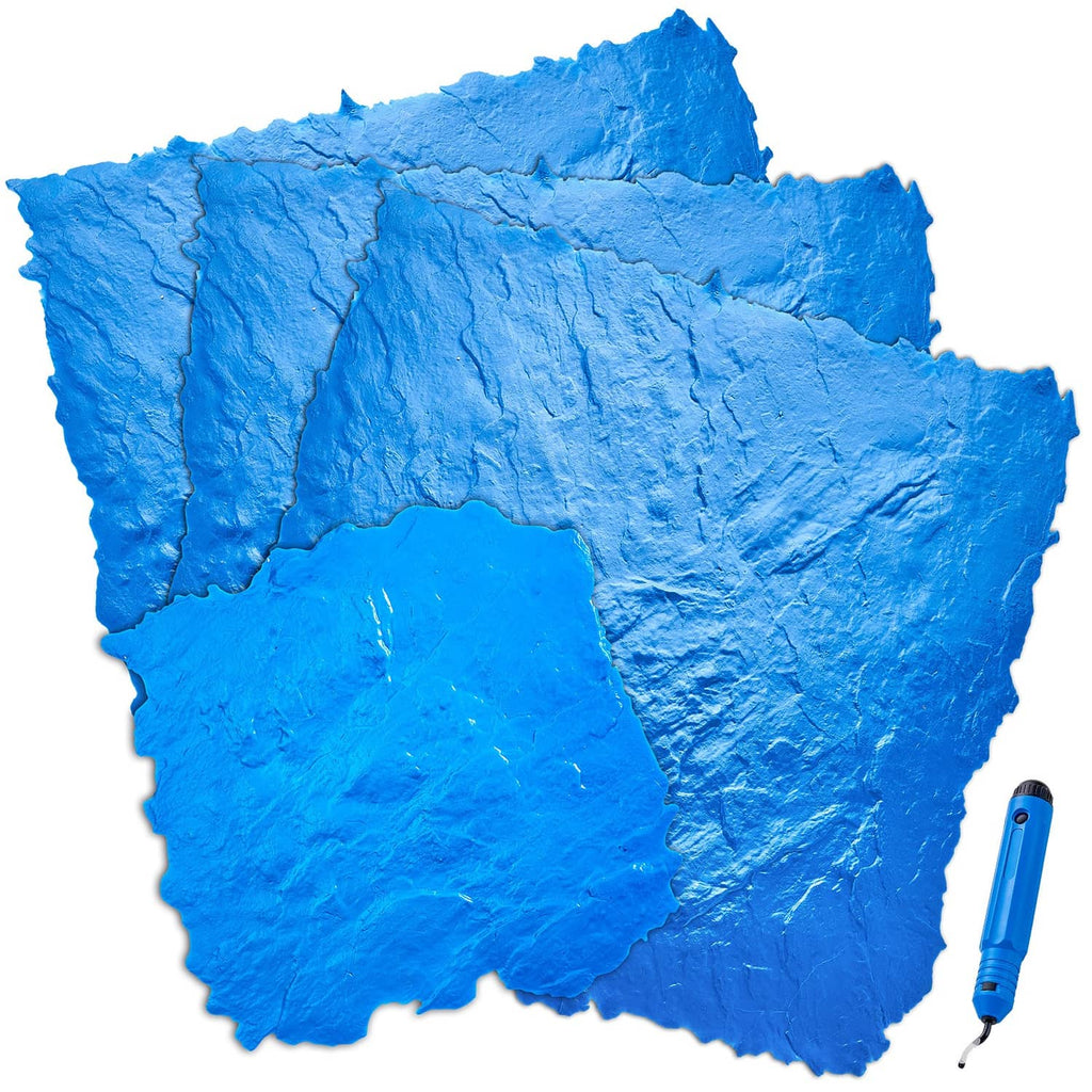 Blue slate-texture concrete stamping mat with utility trimmer tool