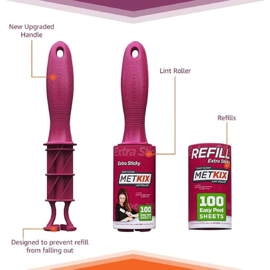 Metkix pink lint roller refills shown with lint roller handle and refill cartridge